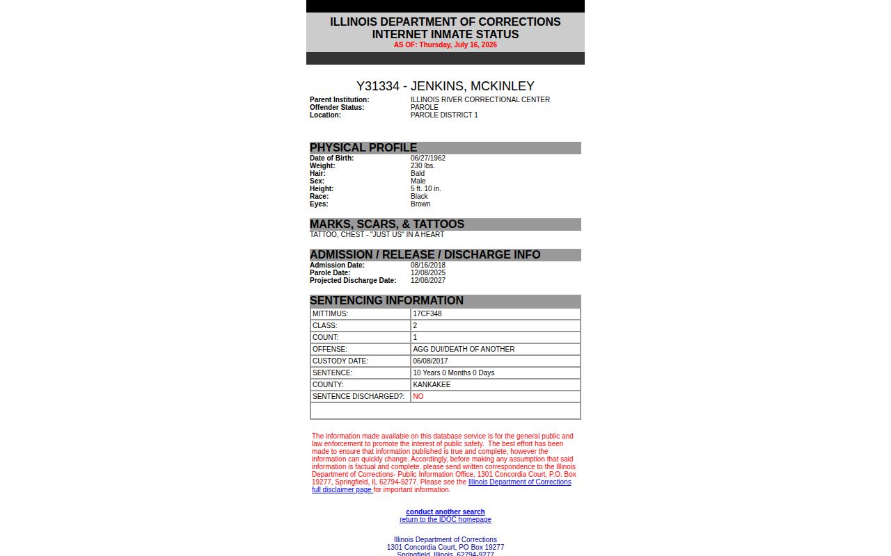Ford County projected release date compared with official IDOC parole fields